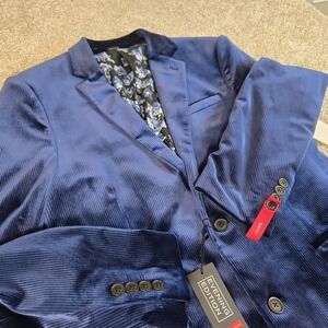 J. Ferrar Velvet  Navy Blazer Men 40L  Slim‎ Fit 2 Button Front Coat Evening